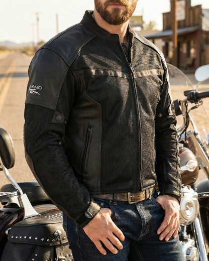 Black Armored Mesh Leather Jacket For Men | CE Armor