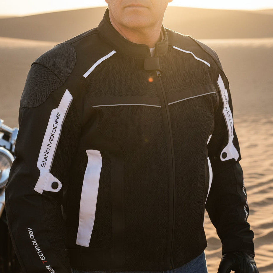 Person wearing a black and white motorcycle jacket in a desert setting with a motorcycle.